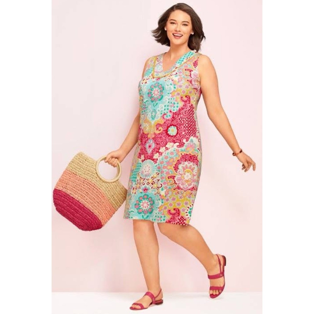 Talbots Dress Women's M Cotton Print Sleeveless Shift‎ Stretch Knit Pink Mint